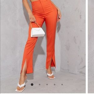 Orange High Waisted Straight Leg Split Hem Pants